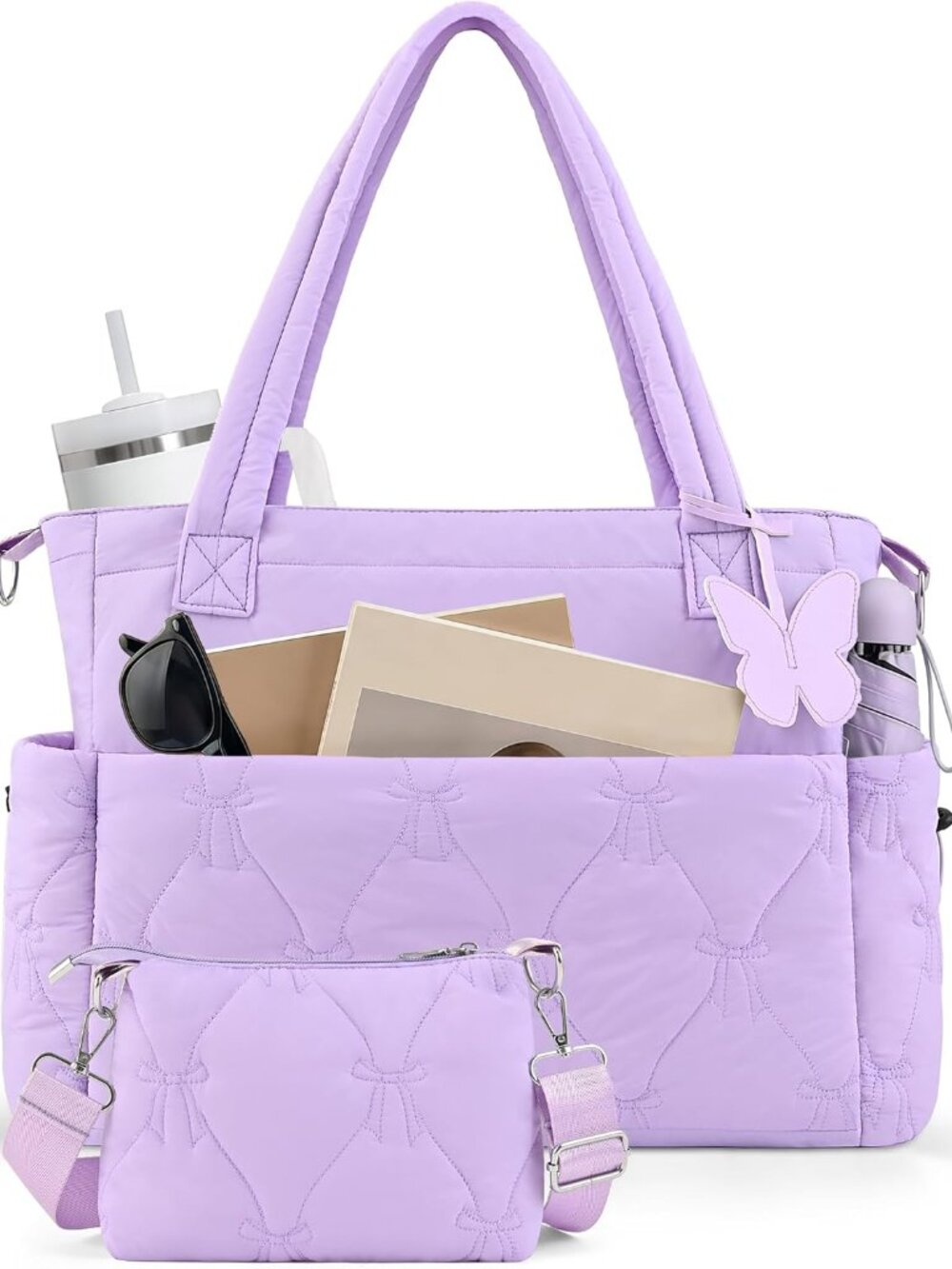 Puffer Tote Bag for Women, Lightweight Quilted Puffy Work Handbag with Zipper &